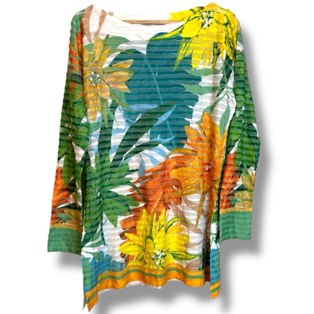 Soft Surroundings Tropical Colorful Floral Tunic Blouse Top Large USA Made 2FL86